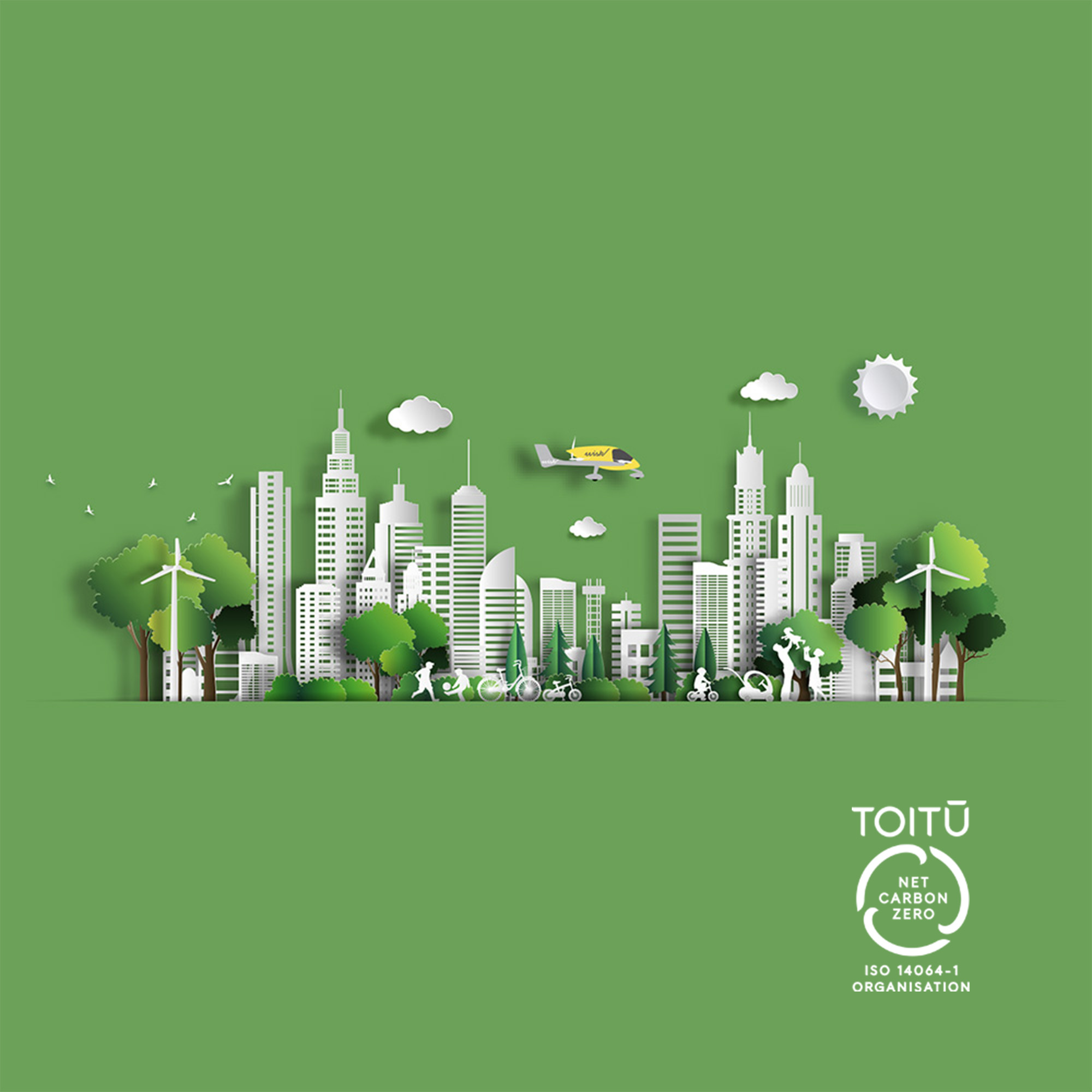 Image of a city on a green background with a Toitū Net Carbonzero Certification logo