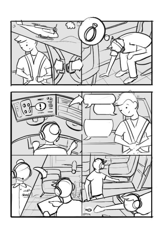 Storyboard of a passenger noticing a lost item on the aircraft and then notifying the hospitality manager.